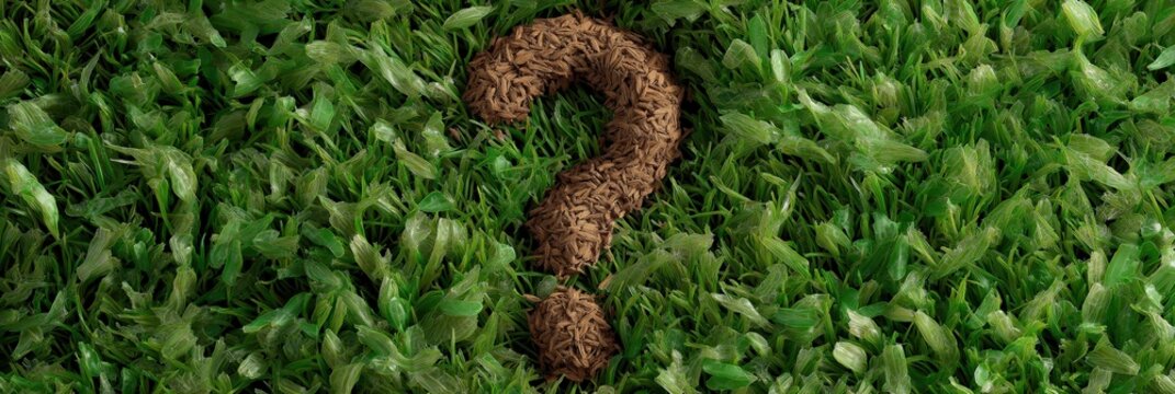 Brown question mark on fresh green grass surface - Powered by Adobe