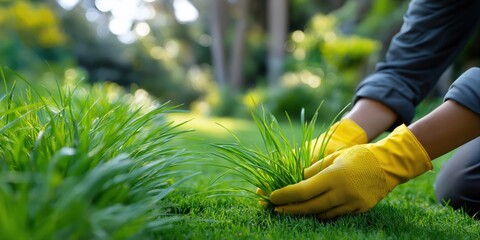 Gardener tending lush greenery with yellow gloves in sunlit garden