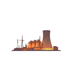 Illuminated industrial complex with cooling towers and power lines at dusk golden hour