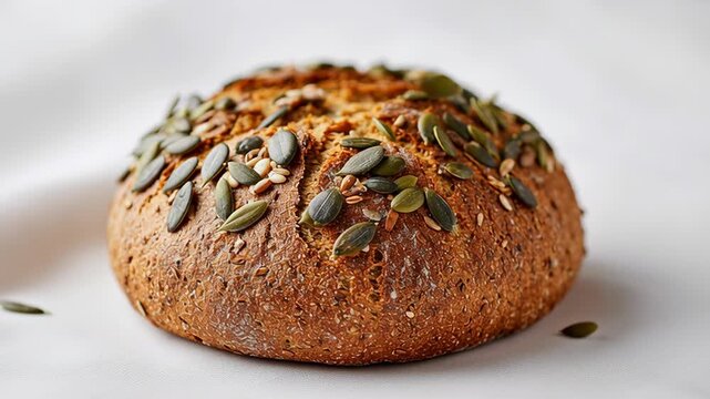 Freshly baked multigrain bread topped with pumpkin seeds on a white background