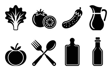 Assortment of black food and kitchen icons including vegetables cutlery and a pitcher on white background