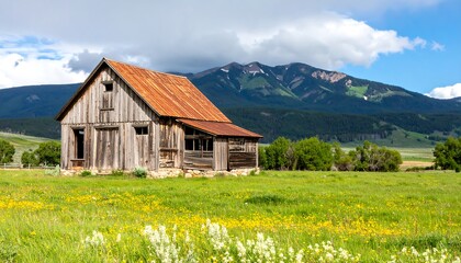 Rustic cabin in a meadow with mountains