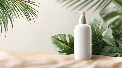 blank mockup of sunscreen cream tube surrounded by seashells and sunhat with a clean background for text