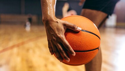 Closeup of Basketball Player Hand Gripping Ball on Wooden Indoor Court