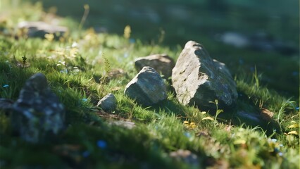 Sunlit Rocks Amidst Lush Green Grass
