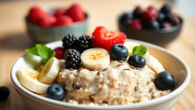 Fresh banana and berry smoothie bowl with seeds
