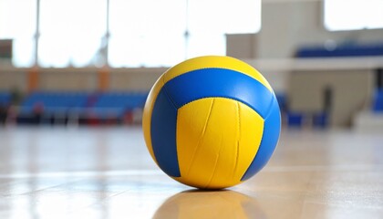 A close-up of a vibrant yellow and blue volleyball resting on a polished indoor tournament floor, with its shadow cast clearly beneath it.
