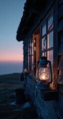 Rustic cabin at dusk, lantern glows