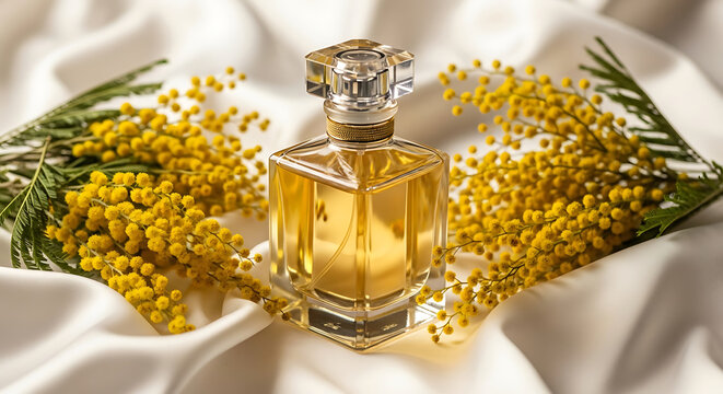 Elegant perfume bottle with mimosa flowers on silk, a luxurious fragrance for a romantic and feminine touch