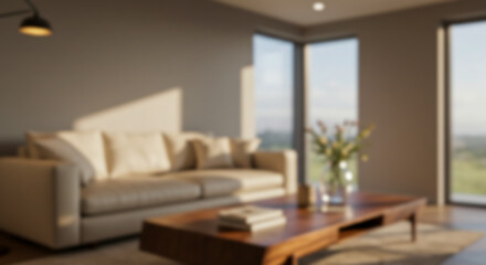 A warm and inviting living room at sunset with a comfortable beige sofa and a striking dark wood coffee table with a vase of flowers