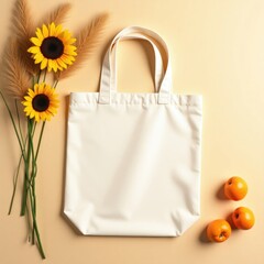 A white tote bag sitting on a white table next to a vase of pink and white dried flowers indoors tote bag mockup