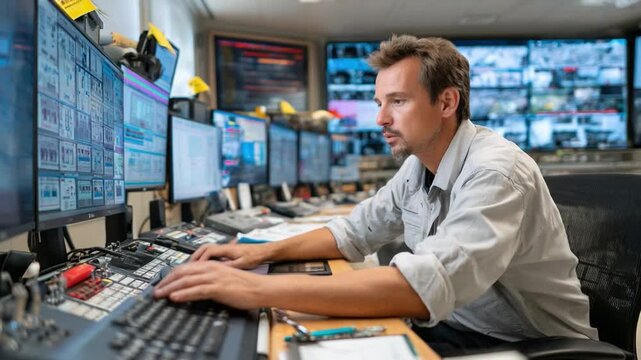 Tech Wizard at the Console: A focused technician skillfully navigates a complex network of monitors, immersed in the digital realm.