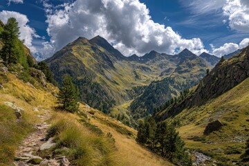 Fototapeta premium Mountain valley trail under a partly cloudy sky