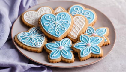 Decorated sugar cookies in floral and heart shapes, featuring pastel blue, pink, and yellow icing with intricate piped designs, arranged beautifully. AI generated.

