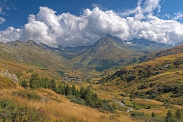 Fototapeta premium Alpine valley, mountain village, vibrant colors, sunny day