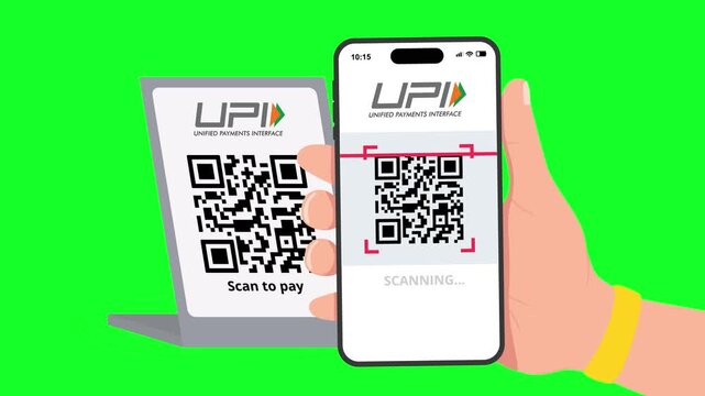 Digital payment transaction in India, hand holding smartphone scanning QR code for UPI, mobile payment technology, cashless transaction video, fintech and online banking concept
