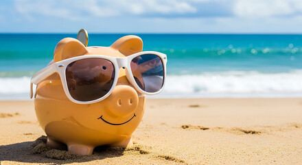 Piggy bank with sunglasses on the beach, saving money for a summer vacation and financial planning