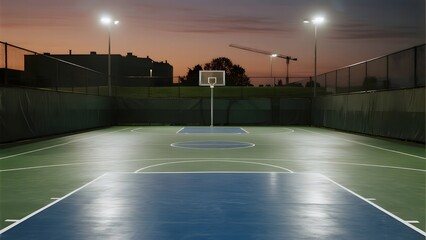 Outdoor Basketball Court at Dusk with Illuminated Lighting