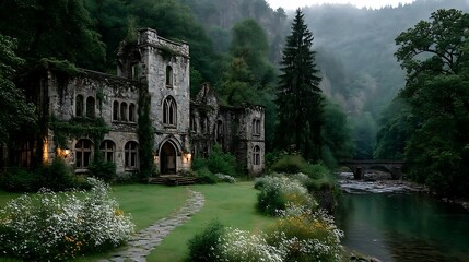 abandoned castle beside river in mist high resolution image