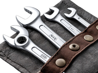 Three adjustable wrenches in a canvas tool pouch