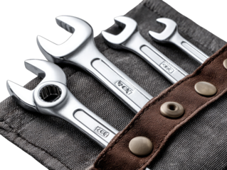 Three adjustable wrenches in a canvas tool pouch