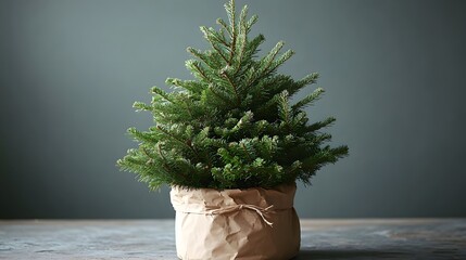 Small evergreen tree in a burlap planter sitting on a wooden surface against a gray backdrop