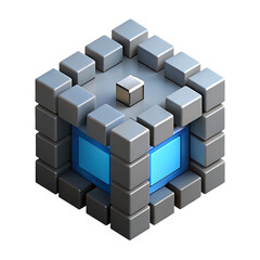 Fototapeta premium Isometric cube structure with blue light and gray blocks illustration on transparent background