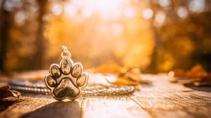 A vibrant paw print pendant on a rustic table, honoring World Animal Day with warmth and nature.