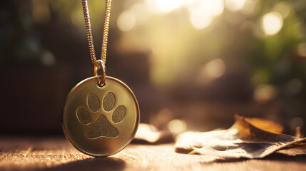 A vibrant paw print pendant on a rustic table, honoring World Animal Day with warmth and nature.
