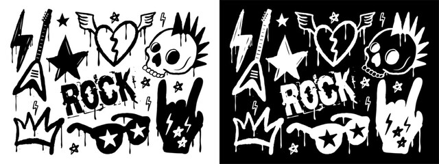 Rock and roll punk hand drawn grunge doodle set in graffiti style with guitar, skull, broken heart, wings, crown, sunglasses, stars, lightning, and rock hand gesture. Vector illustration