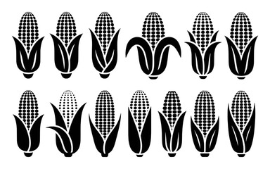Collection of Black and White Corn Icons with Varied Husk Styles