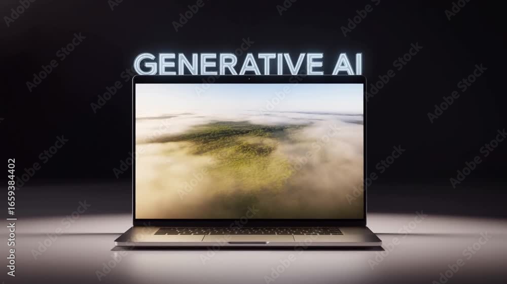 Poster generative ai model processing landscape visualization on sleek laptop, rendering realistic aerial s