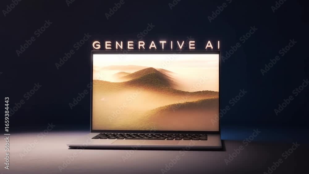 Poster cutting edge generative ai transforming random noise into stunning landscape imagery on laptop displ