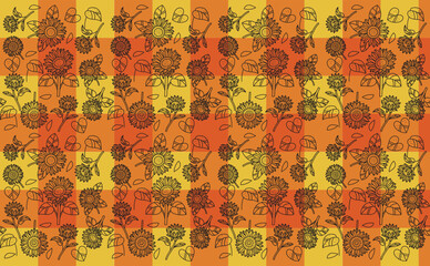 Abstract pattern line of sunflower on orange color background.