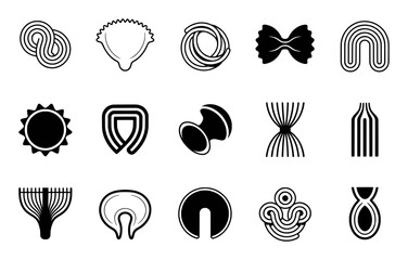 Collection of black and white Italian pasta shapes and designs on a white background italian food