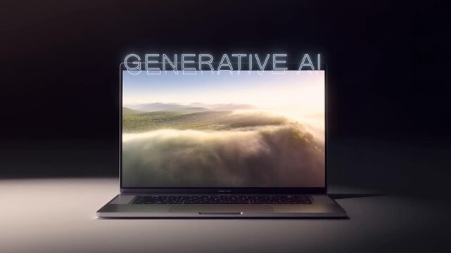 Generative AI model generating realistic landscape, transforming digital noise into detailed visual content on laptop screen, representing technological innovation and creative potential