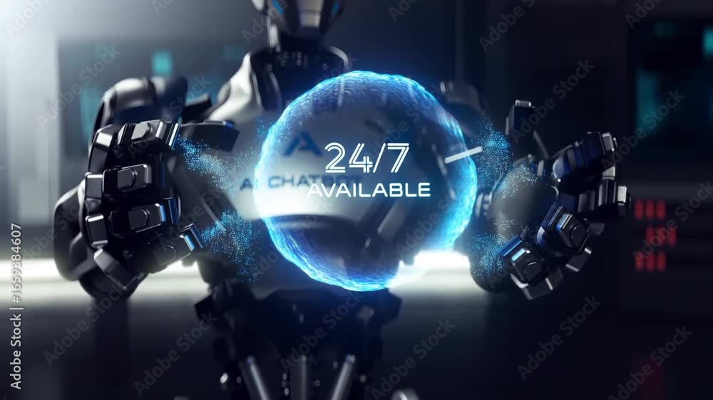 Aufkleber advanced humanoid robot symbolizing ai chat bot revealing interactive hologram, displaying glowing 2