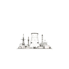 Industrial complex with cooling tower and stacks detailed line drawing
