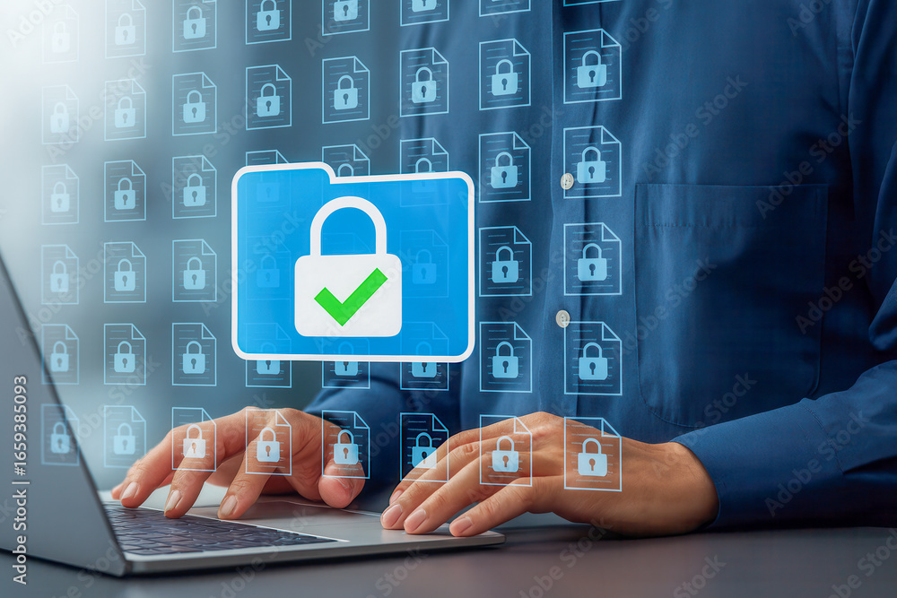 Poster cybersecurity and data protection technology concept,showing secured digital files and lock icons ov