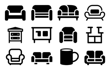 Collection of black furniture icons including sofas armchairs and a cabinet on white background