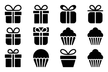 Collection of Black Gift Box and Cupcake Icons on White Background