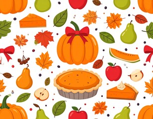 Autumnal fruits, pies, and leaves repeat on white