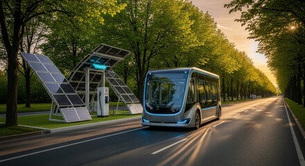 Obraz premium Solar-Powered Electric Bus Charging at Eco-Friendly Station