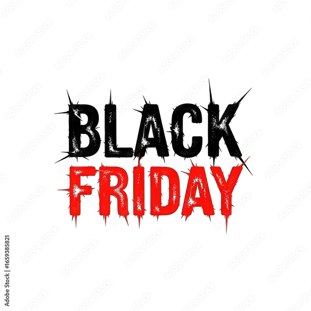 Poster black friday typography with spikes and red drips on transparent background