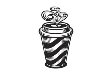 Striped Coffee Cup with Steam on White Background Monochrome