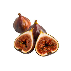 Three Ripe Figs One Cut In Half Revealing Moist Red Pulp And Tiny Seeds Against A Transparent Background