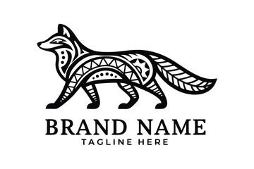 Walking Fox Silhouette with Intricate Tribal Ornamentation on White Background