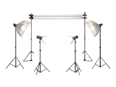 A studio lighting setup featuring softboxes tripods and a backdrop stand against a black background created with generated ai