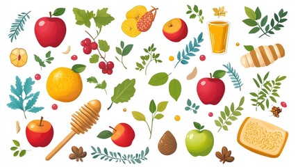 Colorful fruit and herb pattern with honey and bread elements
