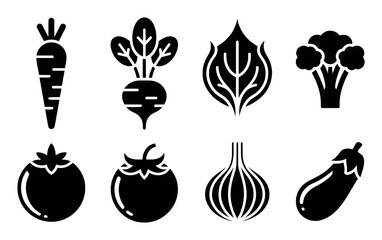 Collection of eight black silhouette icons of various vegetables on a white background